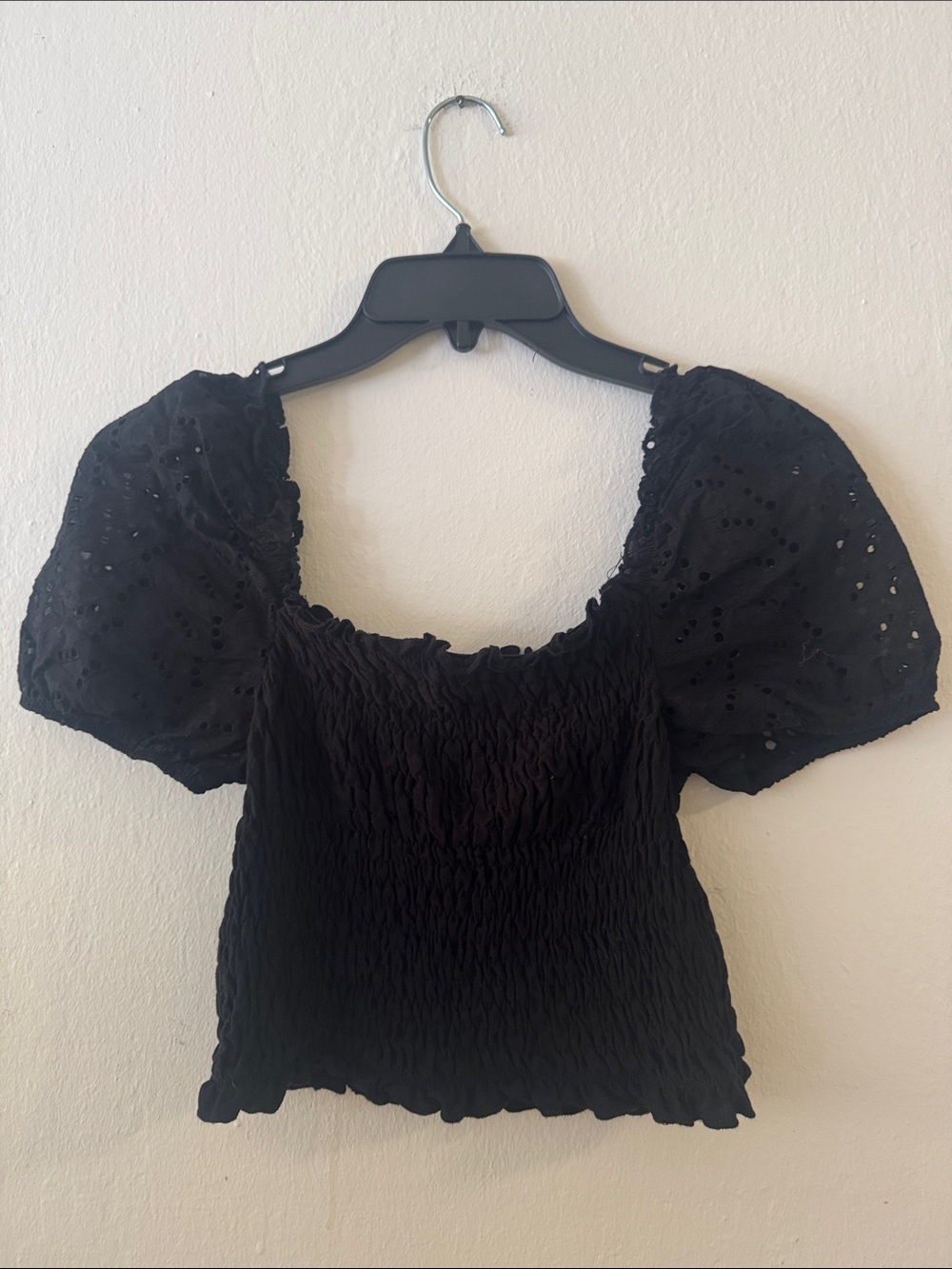 Black Puff Sleeve Smocked Crochet Women's Croo Top